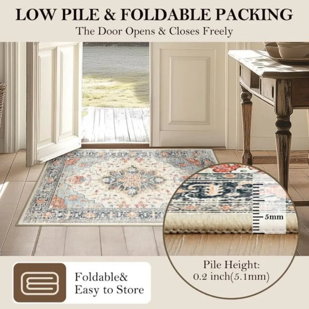 New 5x7 Washable Non-Slip Floral Vintage Rug Medallion Carpet - Beige Navy